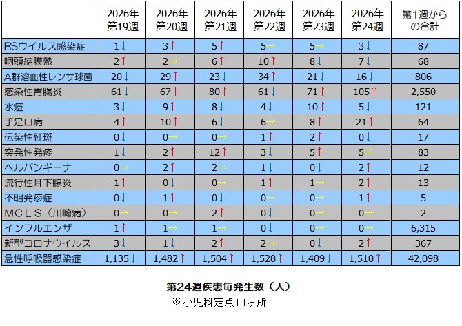 第24週疾患毎発生状況表